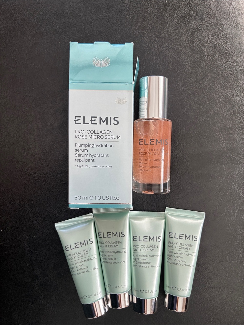 Elemis Pro Collagen Rose Micro Serum 1oz and 4 x 15ml night cream tubes